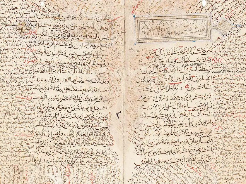 Deux pages manuscrites en arabe, ornées de calligraphie et de notes en rouge.