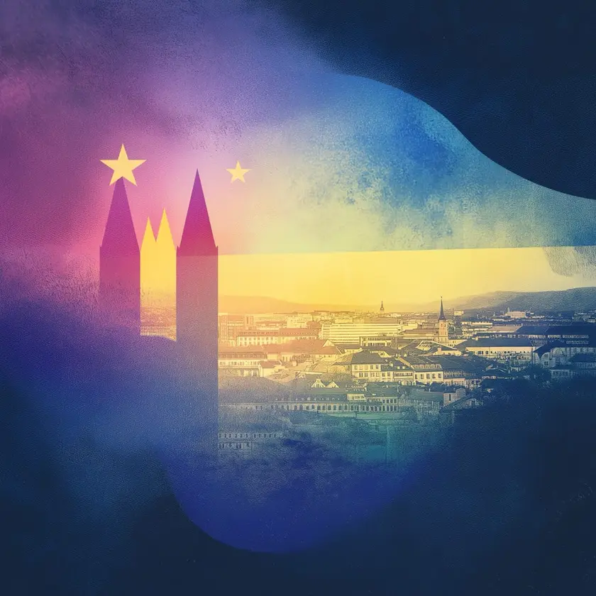 Silhouette de deux tours avec un paysage urbain coloré en arrière-plan.