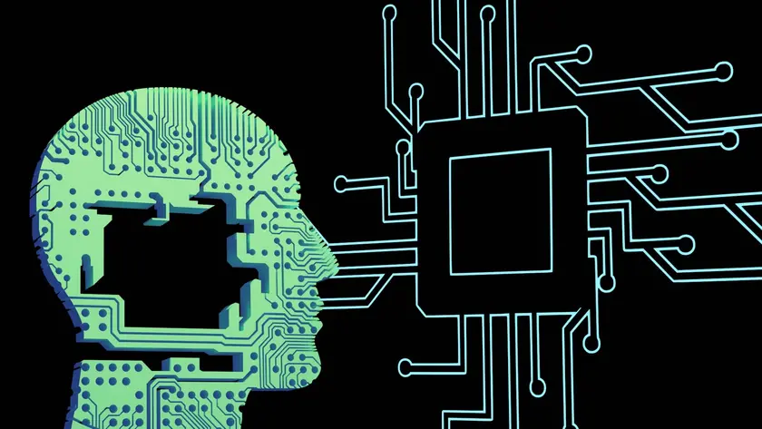 Silhouette de tête humaine avec des circuits imprimés, connectée à un processeur.