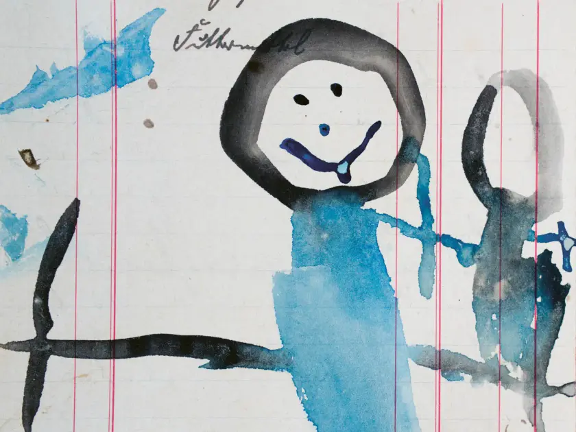 Dessin d'un personnage souriant en bleu sur un fond de papier à lignes.